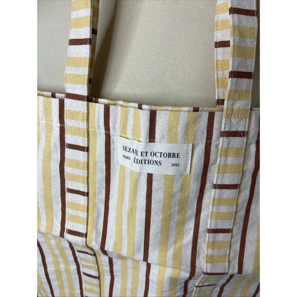 Sezane et Octobre Editions Cotton Tote Bag Tall Brick Stripe Print Yellow Brown